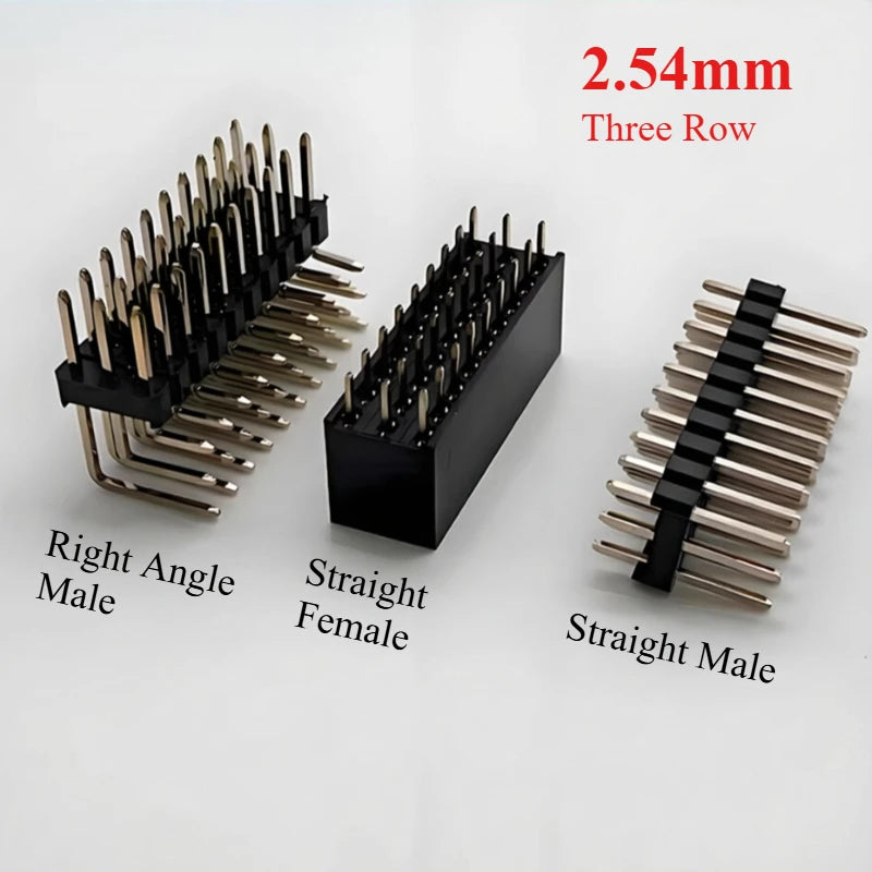 100pcs 2.54mm R/A Three Row Straight 90D Right Angle Gold-Plate Male Female Pin Header Connector 3*2/3/4/5/6/7/8/10/20/25/40Pin