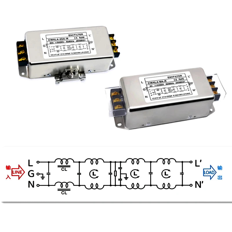 Single-phase AC EMI power filter 220V four-stage CW4L4-3/6/10/20/30A-R Terminal type/rail type anti-interference CW4L4-10A-R