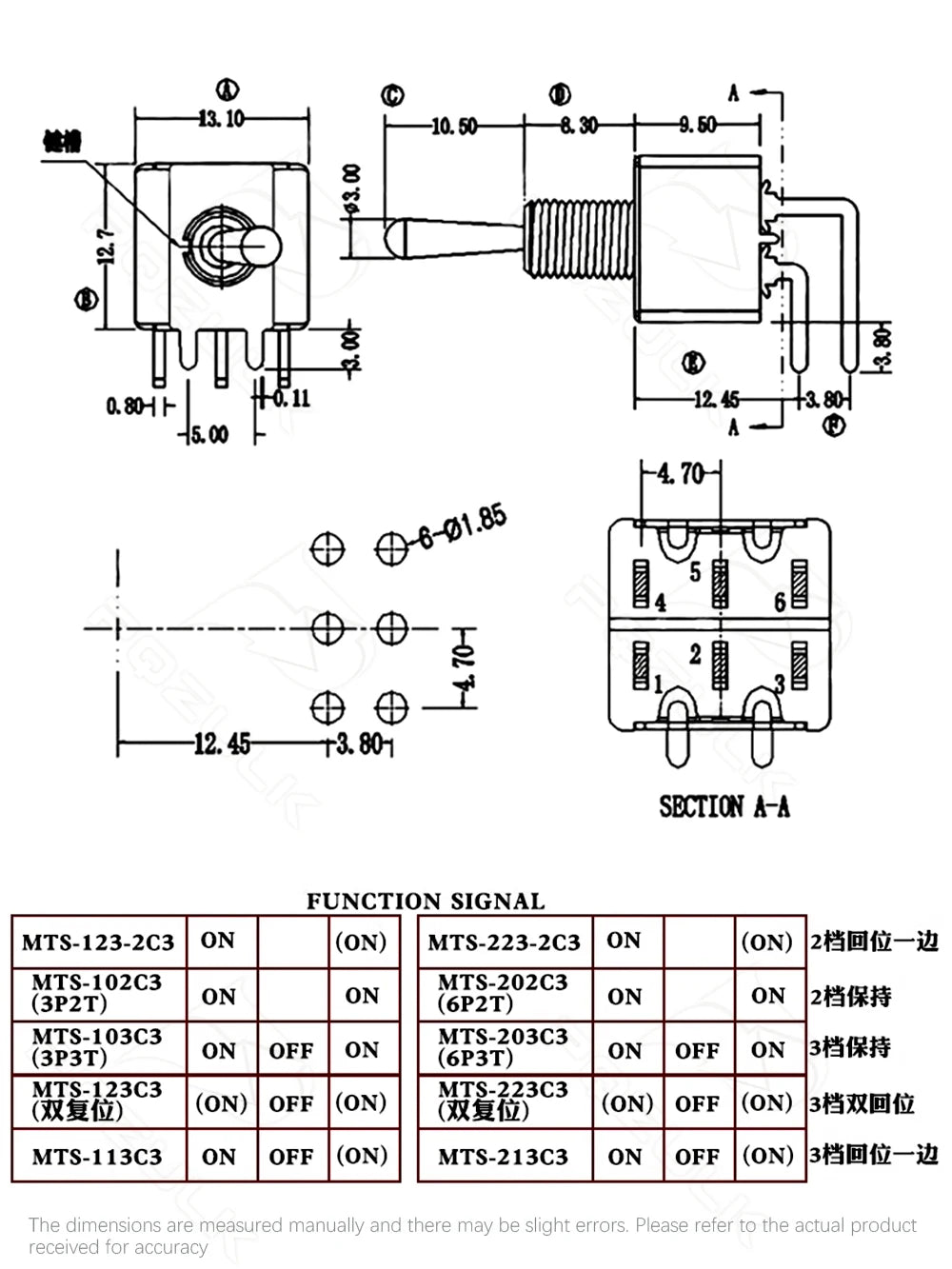 Vertical Right Angle 2/3/10A 125/250V AV 3/6Pins 2/3Position SPDT PCB Mount Toggle Switch ON-OFF-ON Rocker Switche ON-ON