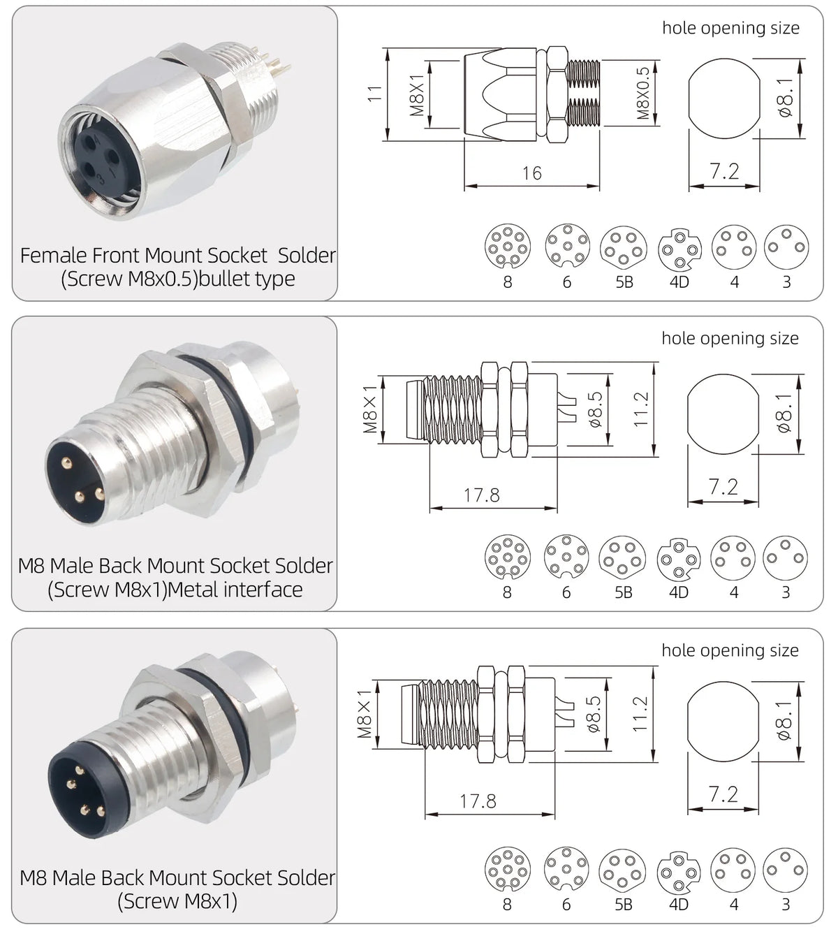 M8 IP67 Waterproof Circular Connector 3 4 5 6 8 Pin Front Rear Panel Mount Solder Industrial Socket Screw M8 M10 M11 M12