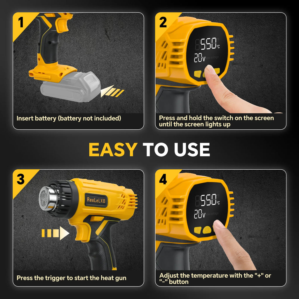 400W Cordless Heat Gun Adjustable Temperature 50℃-550℃ Fast Heating Hot Air Gun Shrink Wrapping for Dewalt 20V Battery Pin