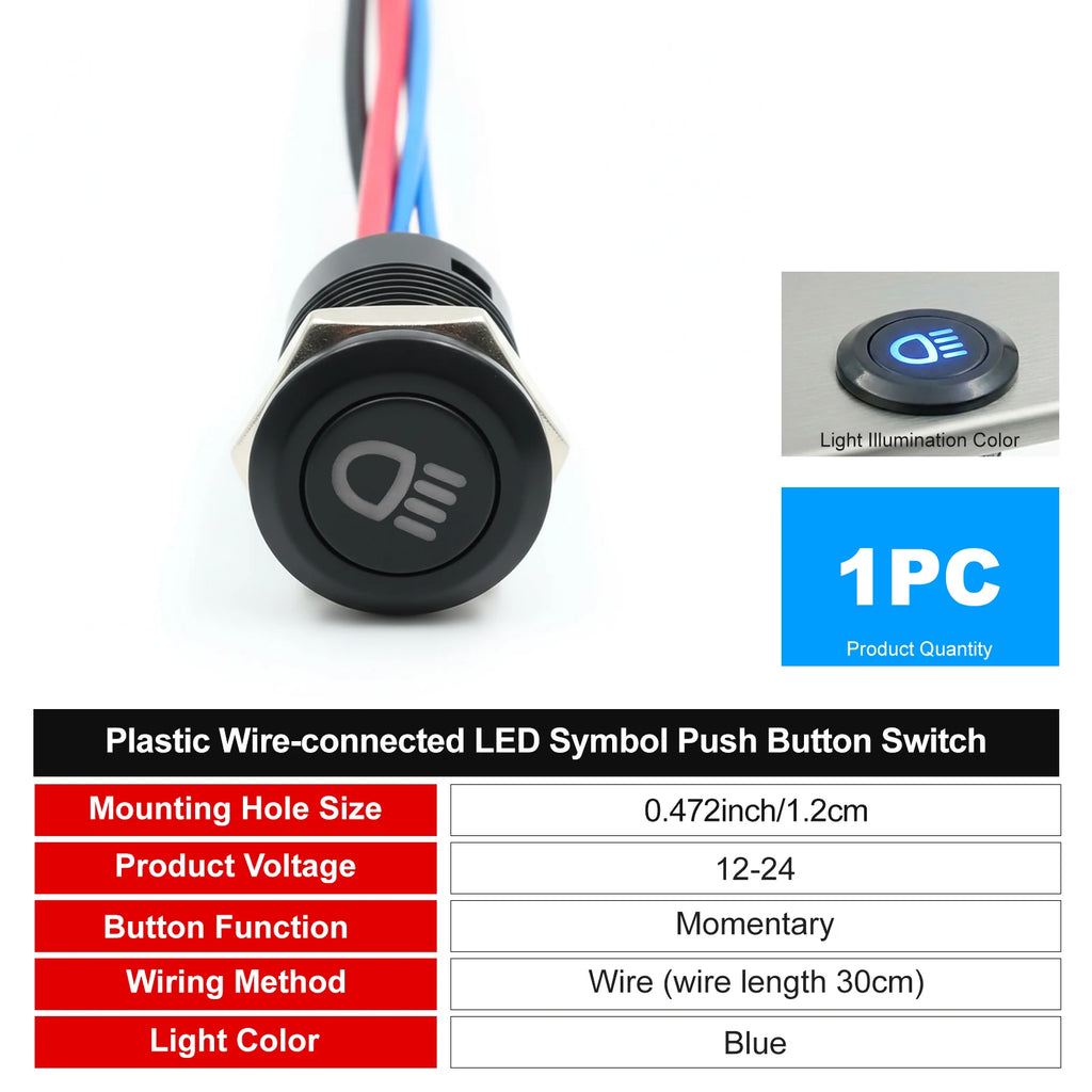 12mm Plastic Push Button Switch IP65 Waterproof 12V 24V Pre-Wired Symbol LED Dash Indicator Switch for Car Marine Boat RV Truck