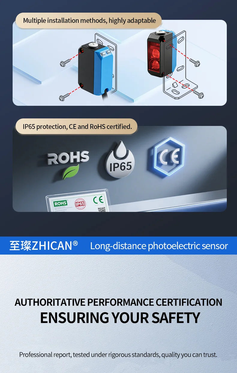ZHICAN ZC3E Long Range Photoelectric Sensor 2m Diffuse Reflective Switch NPN NO 24V DC Object Detection
