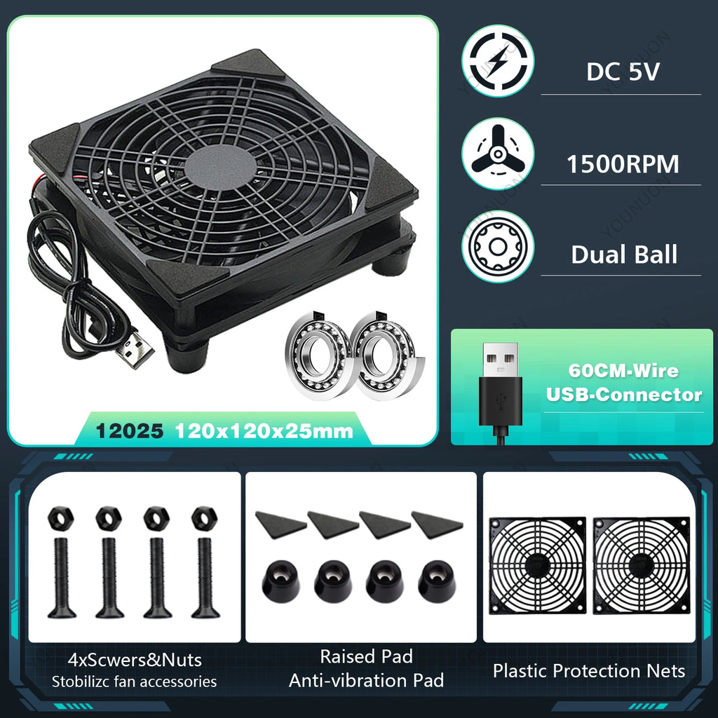 5V USB Router Fan 80mm 92mm 120mm 140mm DIY TV Box Ball/Sleeve Cooler & Protective Net Desktop Cooling Fan
