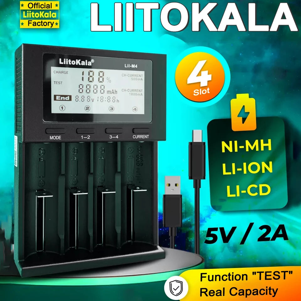 LiitoKala Lii-M4 M4S 18650 LCD Display Smart Charger Test Capacity Suitable For 3.7V 26650 18350 21700 18500 1.2V AA AAA 4 Slots