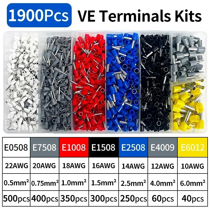 200-1900Pcs Electrical Tube Insulated Terminal VE Tubular Crimp Terminals Wire Cable Connector Ferrules Terminal Connectors