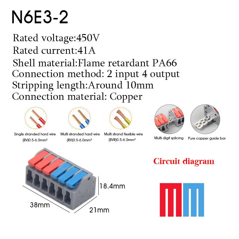1PC Wire Connector Electric Cable Led Conectors Fast Terminals Blocks Docking Butt Household Electrician Tools For 4mm² 6mm²