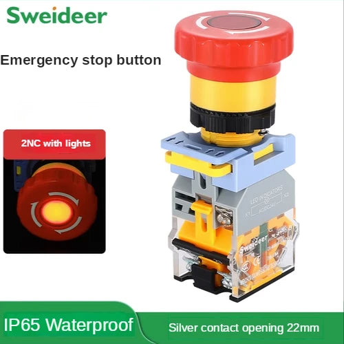 Emergency Stop Push Button Switch with Light 22mm Button Mushroom Head Self Locking Latching Power Switch Knob Switch Red AC220V