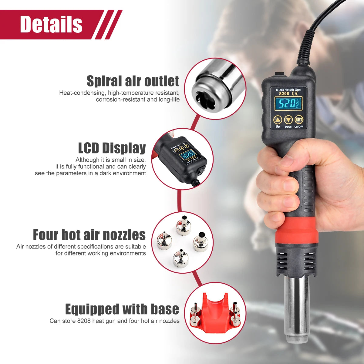 JCD 750W Micro Hot Air Gun 8208 Soldering Rework Welding Station LCD Digital Heat Gun BGA IC Solder Tools With Heat Shrink Tube