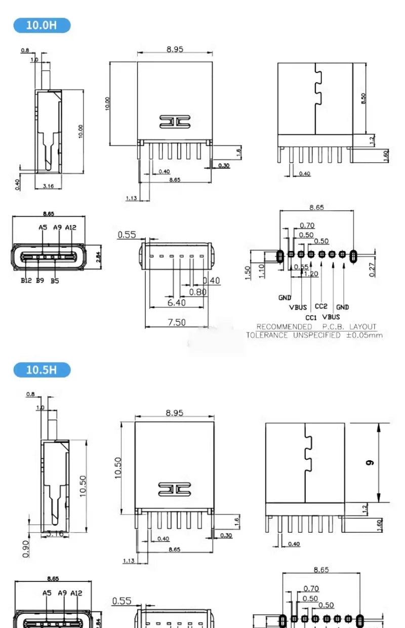 20pcs TYPE C 6 Pin Female Socket Connector DIP Vertical 180° Charging Port Plug Socket USB 6P TYPE-C H=6.8/6.9/8.8/9.3/10/10.5mm
