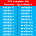 200pcs 20values*10pcs TVS transistor Kit P6KE6.8A/CA 12/15/18/20/22/24/27/30/33/36/39/51/68/75/150/200/300/400/440A/CA TVS Diode