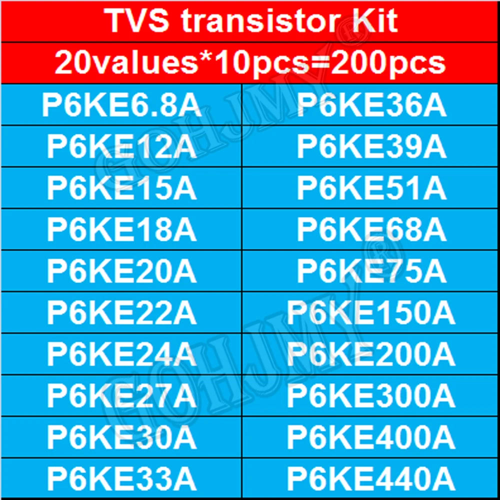 200pcs 20values*10pcs TVS transistor Kit P6KE6.8A/CA 12/15/18/20/22/24/27/30/33/36/39/51/68/75/150/200/300/400/440A/CA TVS Diode