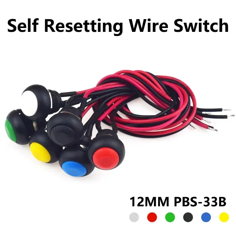 5/20PCS 12mm Momentary Push Button Switch ON OFF PBS-33B Self Reset Mini Round Switch With Wire 2Pin 1A DC12V