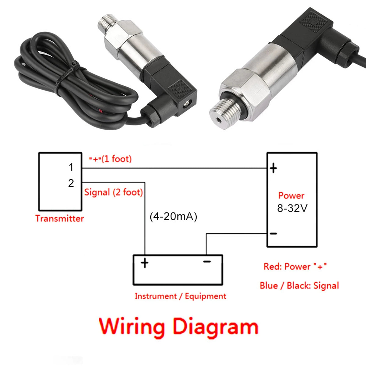 Pressure Sensor 4‑20mA Output G1/4" Silicon Pressure Transmitter Transducer for Water Gas Oil Pressure Transducer
