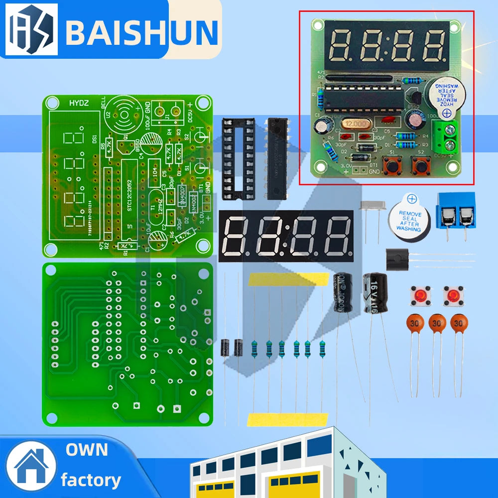 ‌AT89C2051-24PU 8051 Microcontroller LED Clock Kit – 4-Digit 7-Segment DIY Soldering Project with DS1307 RTC (I²C) | Alarm/Timer