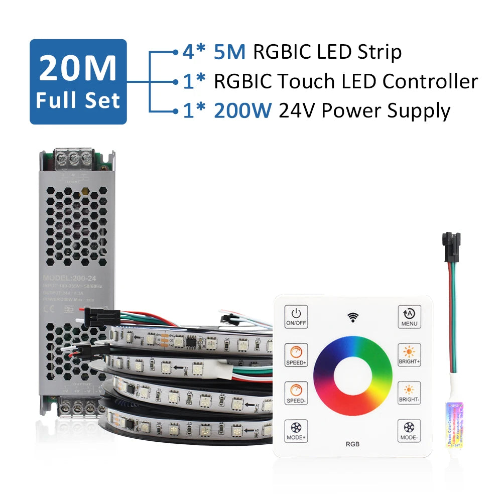 WS2811 RGB IC Running Water Flowing Strip Lights DC 24V 5050 60Leds RGBIC Flexible Ribbon RF Touch Remote Control LED Lighting