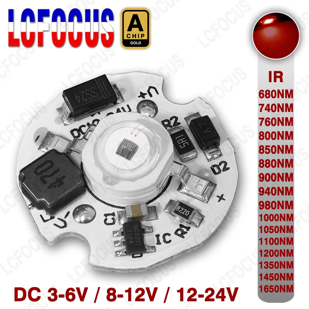 1pc DC 3.7V 5V 12V 24V Infrared LED Chip 680nm 740nm 800nm 850nm 880nm 940nm 980nm 1000nm Aluminum PCB 1W 3W 5W IR Light Beads