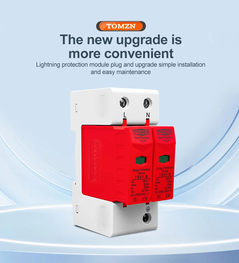 TOMZN AC SPD 2P House Surge Protector Protection Protective Low-voltage Arrester Device 10-20kA 20-40kA 30-60kA 275V 385V 420V