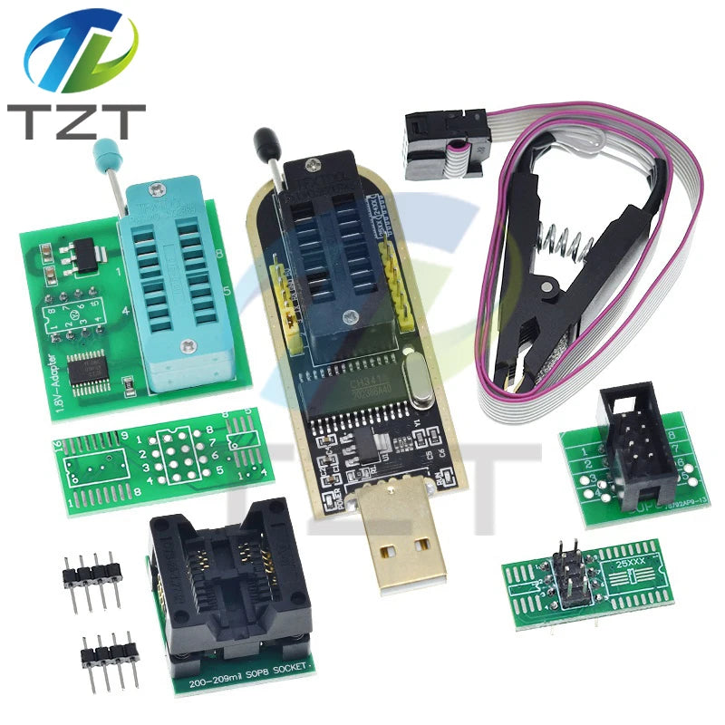 CH341A CH341B 24 25 Series EEPROM Flash BIOS USB Programmer Module + SOIC8 SOP8 Test Clip + 1.8V adapter + SOIC8 adapter DIY KIT