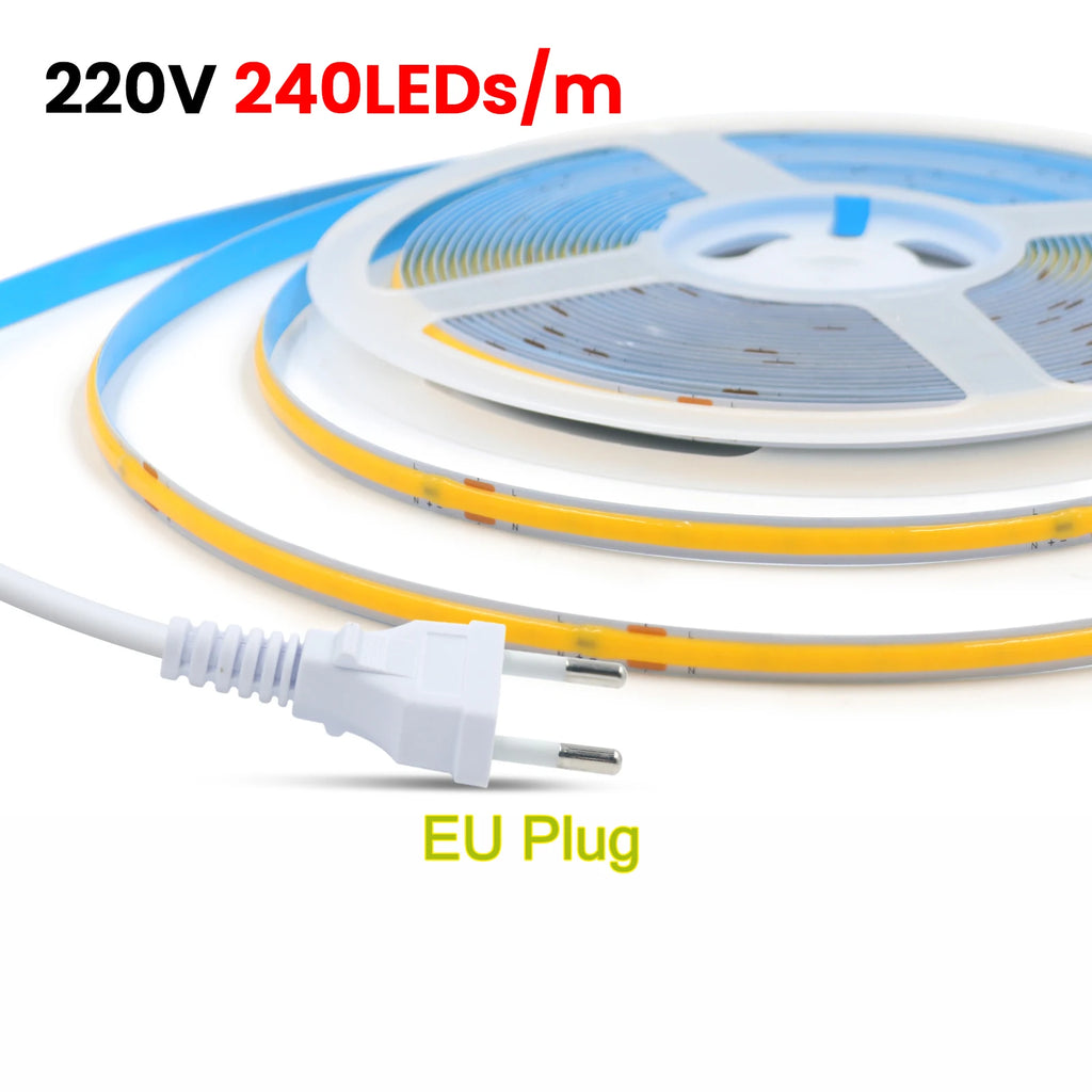 220V 110V 5m-20m COB LED Strip Light with EU/US Plug/2pin Wire 3000K 4000K 6500K 240LEDs/m Linear Lighting Flexible Tape Lights