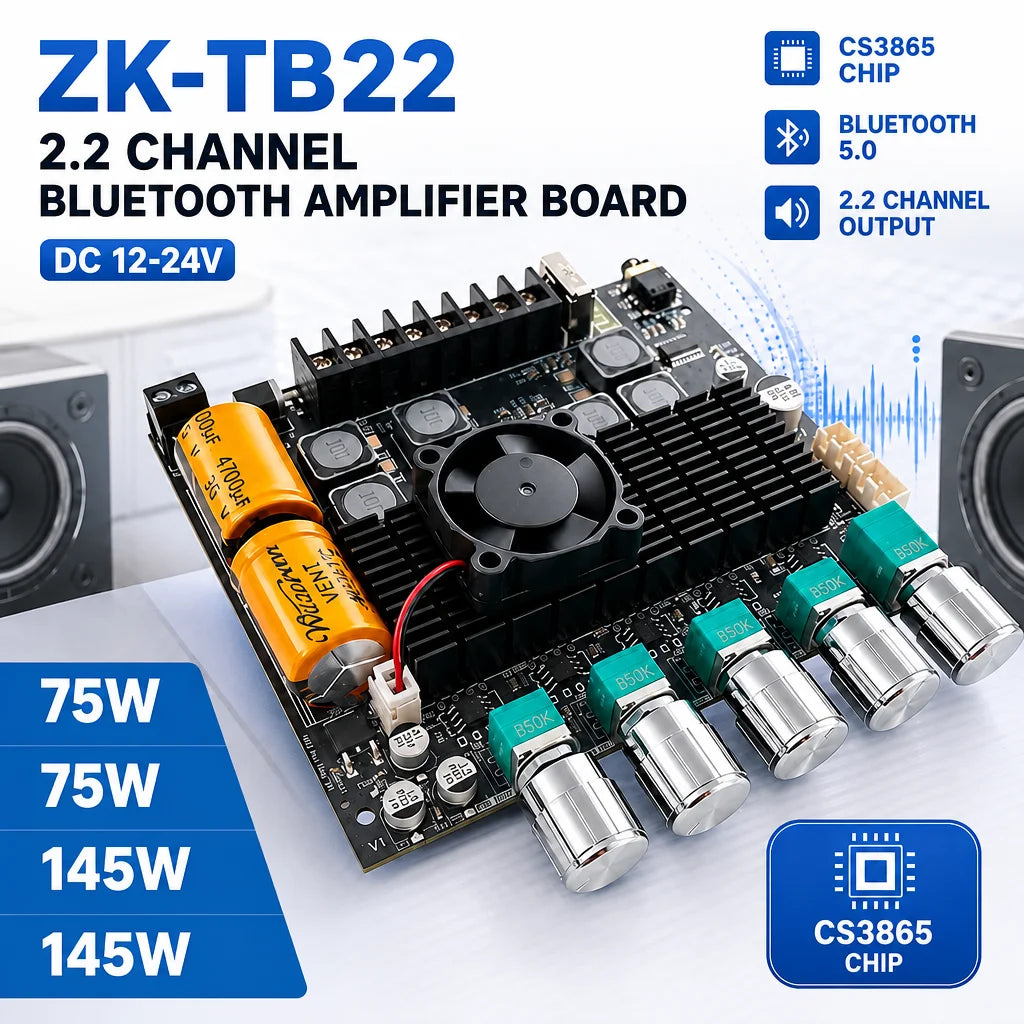 DC12‑24V ZK‑TB22 Audio Amplifier Module 75W+75W+145W+145W 2.2 Channel Bluetooth AUX USB PC Input Treble Bass Adjust