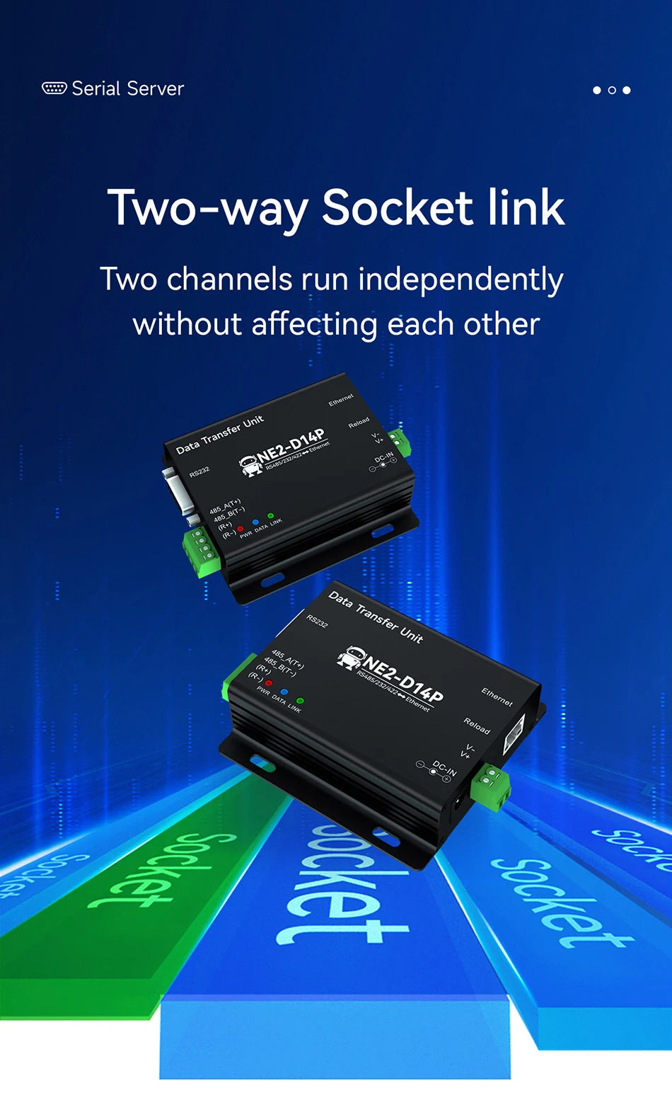 RS485/RS232/RS422 to Ethernet Serial Server DC8-28V Modbus TCP RTU MQTT CDEBYTE NE2-D14P AT Command Power and Signal Isolation