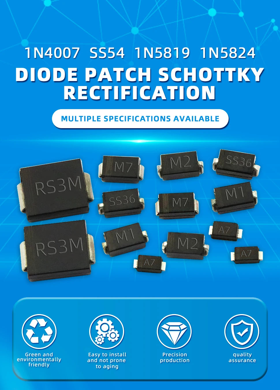 20PCS M1 M2 M4 M7 S4 SMA 1A 1N4001 4002 4004 4007 SS12 SS310 RS1M RS2M ES1D ES1J US1M SMD Schottky Rectifier Diode DO-214AC