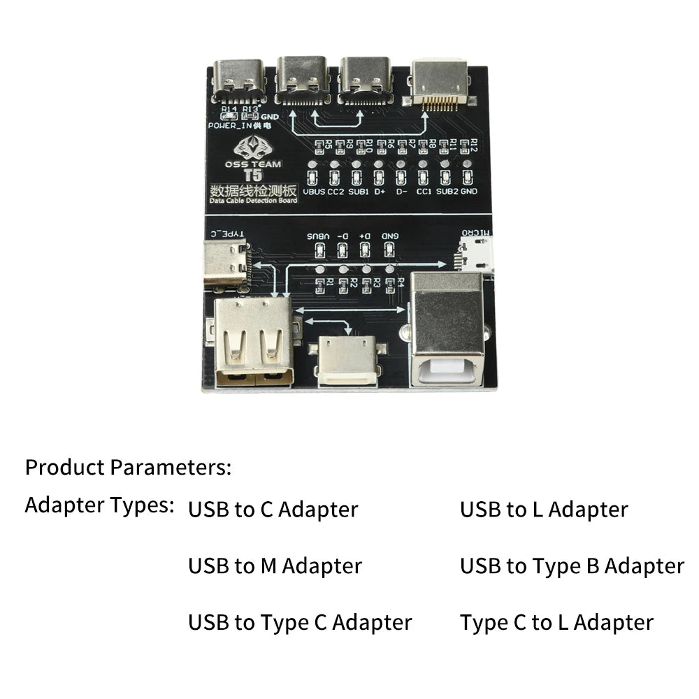 T5 USB Cable Tester Board Rapid Detection Tool Compact Portable for Lightning Type-C Micro USB Cables