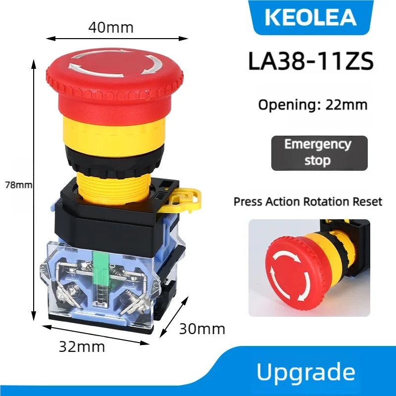 LA38 Emergency Stop 10A Self-locking Rotary Reset Latching Head Power Switch Mushroom Push Button Switch 22mm 1 NO I NC 2NC