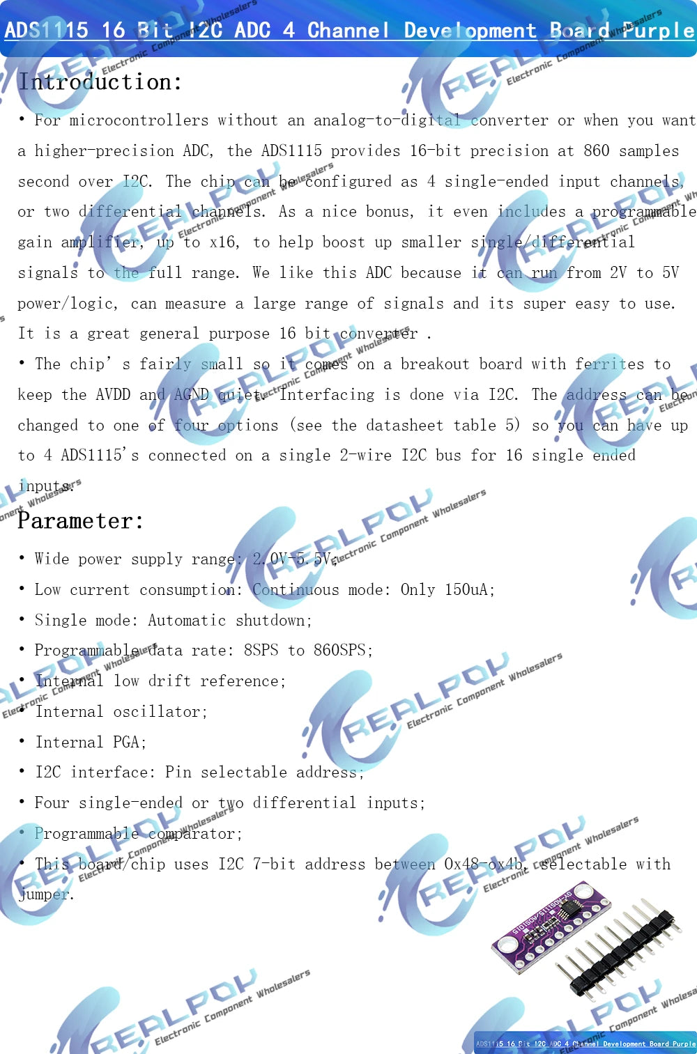 DC 2 -5V 4 CH ADS1115 Module ADC with Pro Gain Microcontroller 16 Bit Amplifier Board for Arduino I2C IIC ADC AVDD
