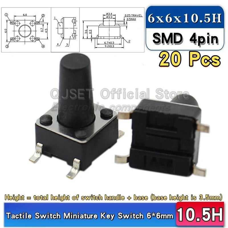 20pcs SMD Tactile Switch 6*6*4.3mm 6x6x5/6/7/8/9/10/11/12/13/14mm 6X6 4-Pin SMT Induction Oven Touch Tactile Button Micro Switch
