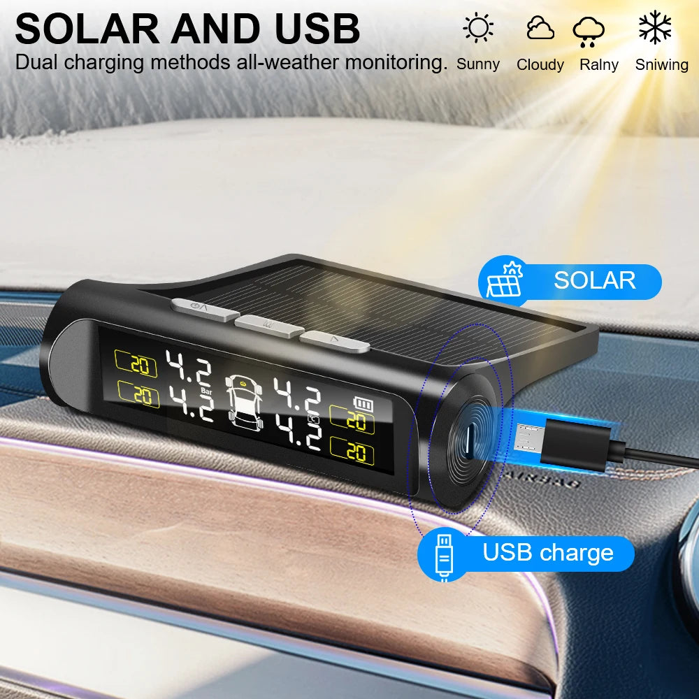 Tire Pressure Solar TPMS Car Tyre Pressure Monitoring System Solar Power Auto Security Alarm Systems Power External Sensor Auto Accessories Universal