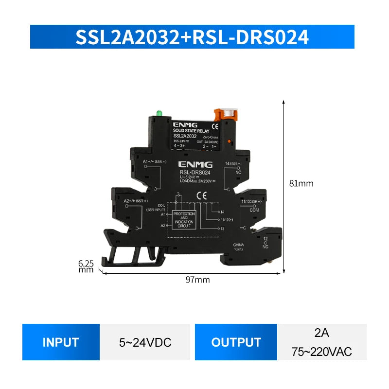 ENMG 1Pcs Slim Relay Modules DIN-Rail SSR Solid State Relay Integrated PCB 6A 2A DC Control DC AC 5V 12V 24V 220V Mount Power 41