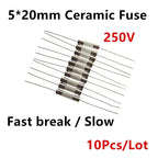 10PCS 5*20mm Ceramic Fuse Tube Fast Blow with Pin Slow Blow 250V Multiple Amp Ratings 0.5A 1A 2A 3A 4A 5A 6.3A 10A 15A 20A 25A