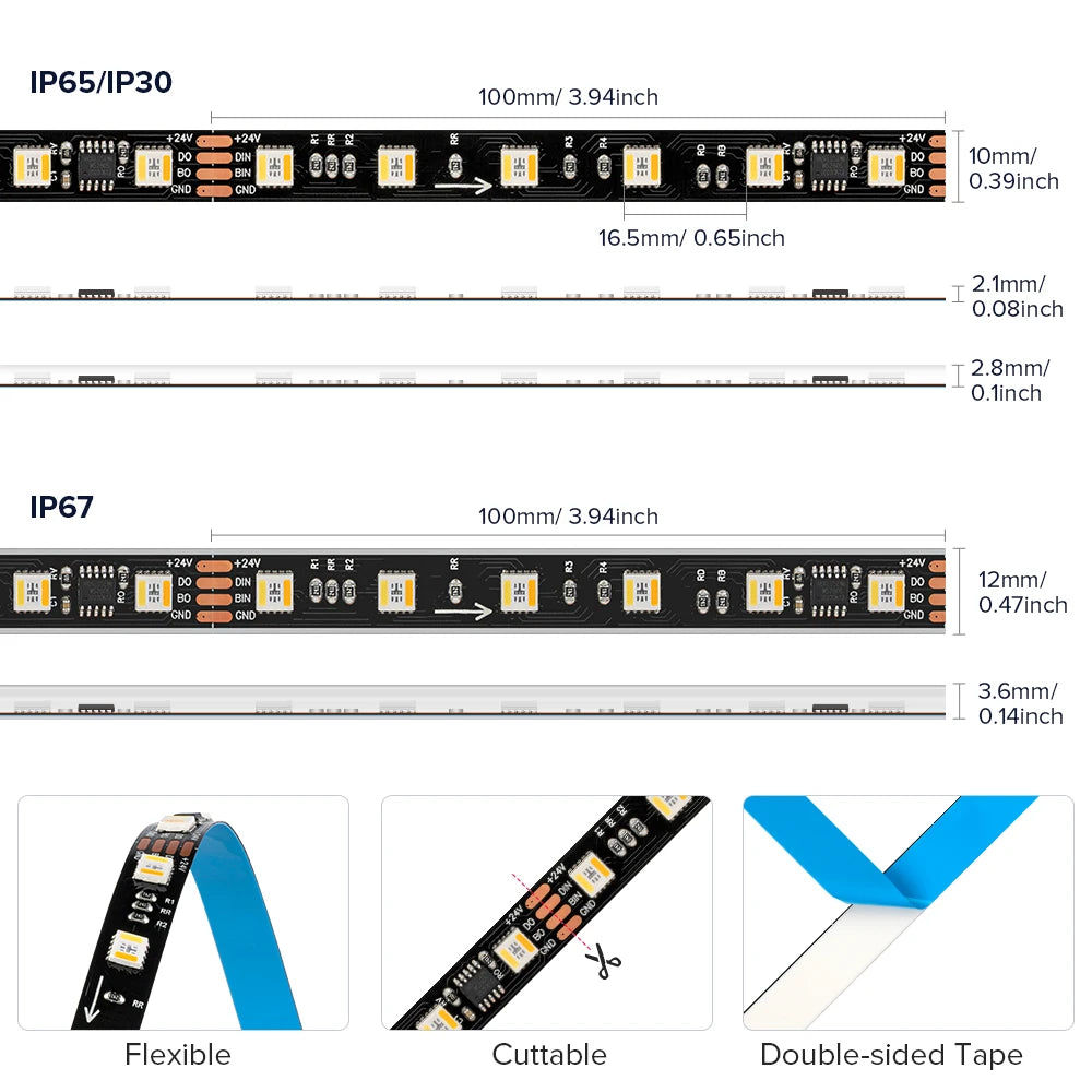 WS2805 SPI RGBCCT Pixel Led Strip 4Pin 60Leds/m IP30 IP65 IP67 Waterproof Addressable Smart Led Lights Strip Black White PCB 24V