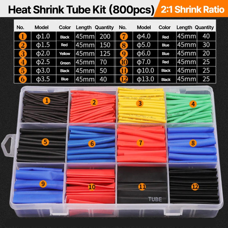 GREENER 127/580/800pcs 2:1 Heat Shrink Tubing Kit Polyolefin Colorful Flame Retardant Waterproof Wire Cable Sleeve For Home DIY