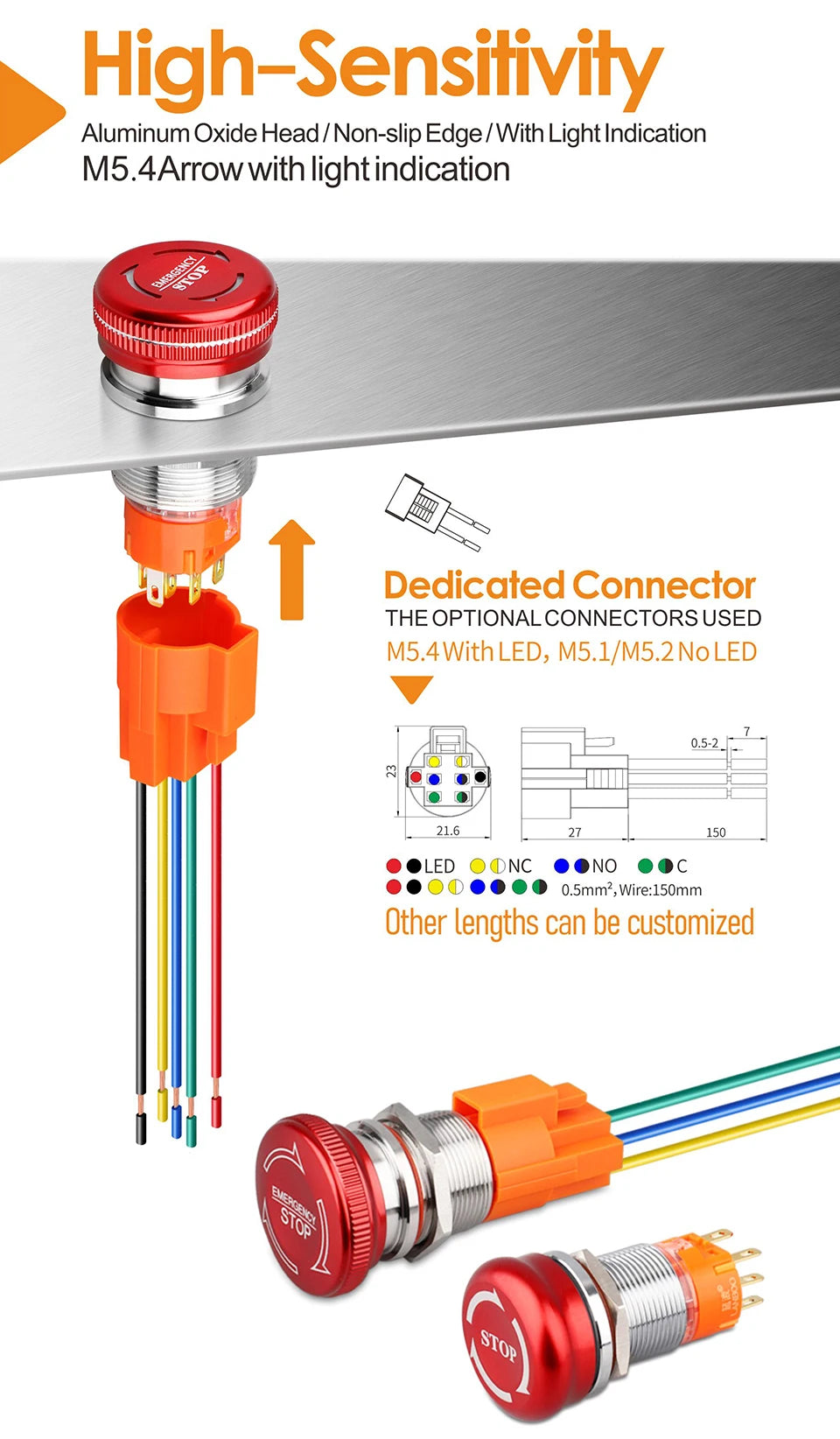 LANBOO 19mm 22mm Metal Emergency STOP Mushroom Push Button Switch Latching Button Switch with LED