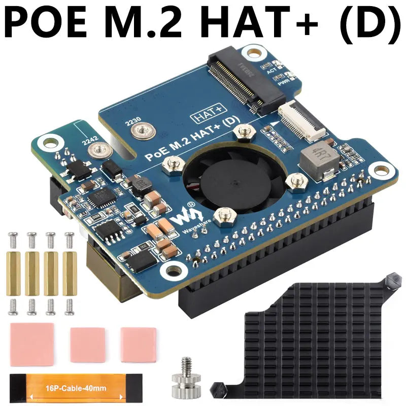 Raspberry Pi 5 POE + PCIe to M.2 NVMe SSD Board HAT+ Pi5 2242/2230 Power over Ethernet