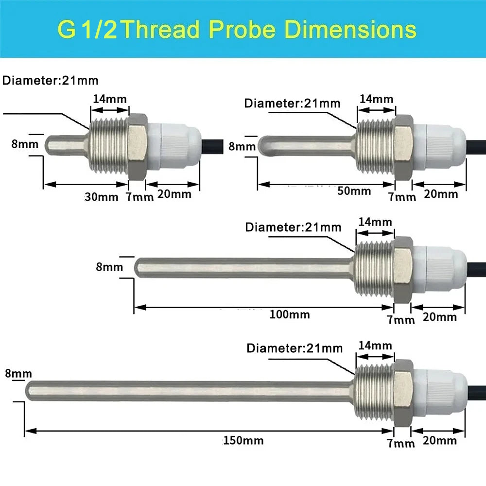 1PCS SHT40 SHT30 SHT20 SHTC3 Digital Temperature Sensor Stainless Steel Probe with G 1/2 Thread I2C IIC Interface