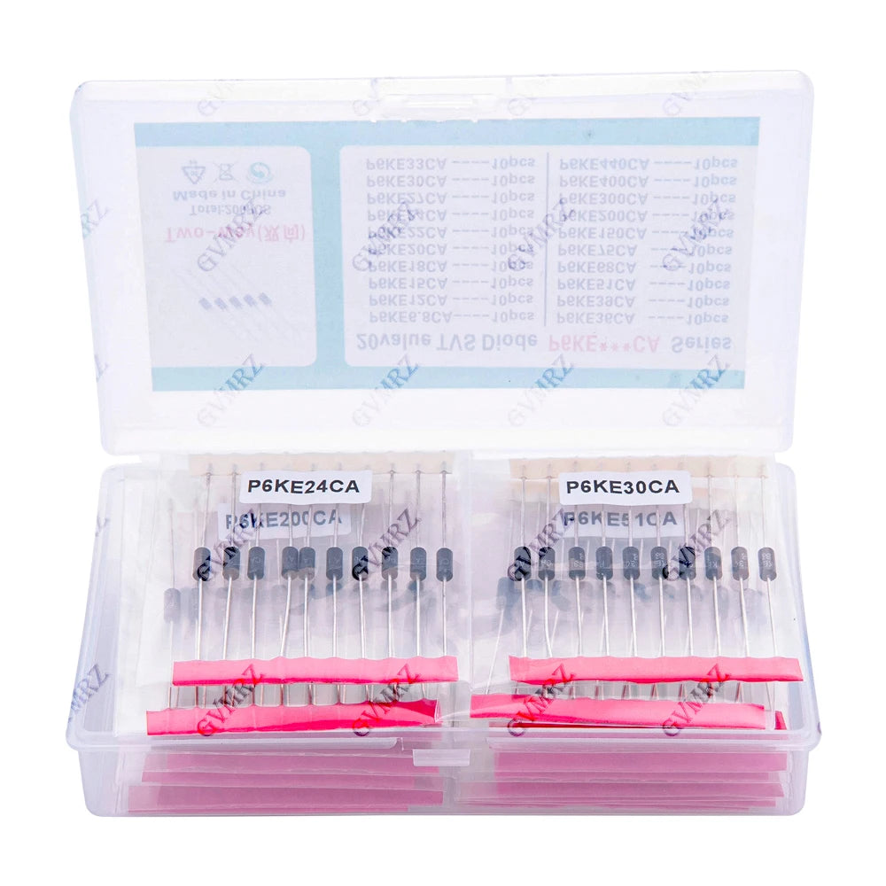 200pcs 20values*10pcs TVS transistor Kit P6KE6.8CA/CA 24/27/30/33/36/39/51/68/75/CA TVS Diode 12/15/18/20/22CA
