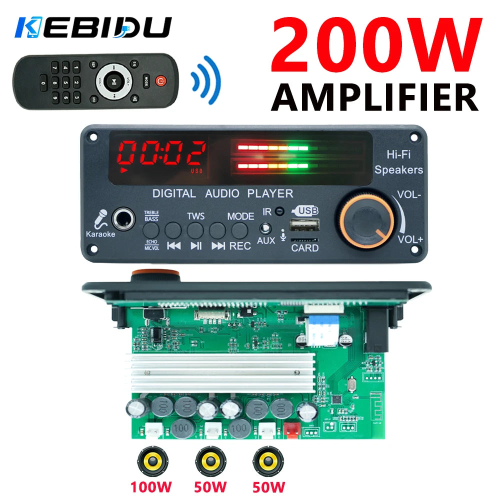 KEBIDU 200W Amplifier Bluetooth 5.3 MP3 Decoder Board Hands-free Car Wireless MP3 Player Mic USB TF FM Radio TWS Music Player