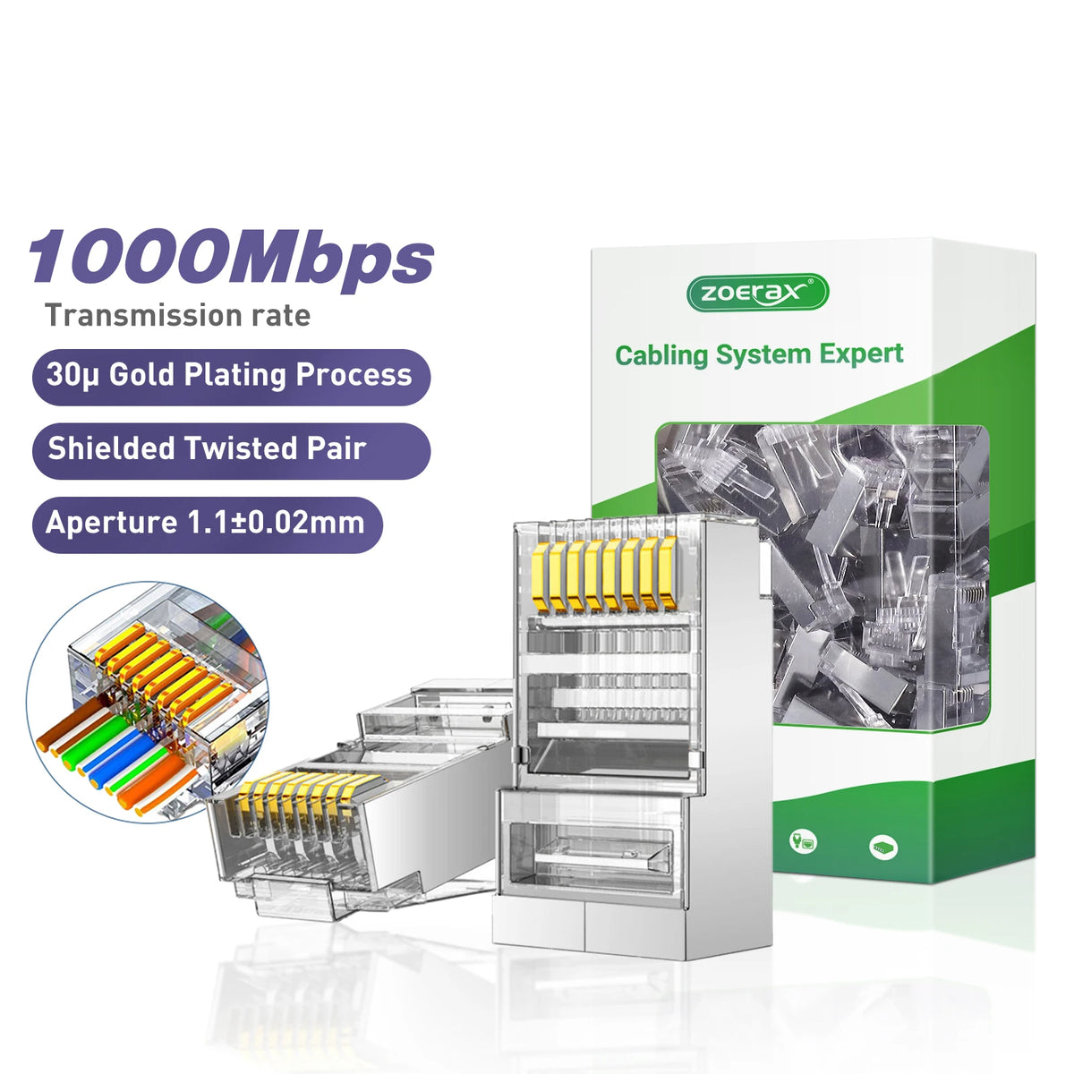 ZoeRax 100-PACK CAT6A CAT6 CAT5E Pass Through Connector Ethernet Connectors UTP Network Plug for Solid Wire and Standard Cable