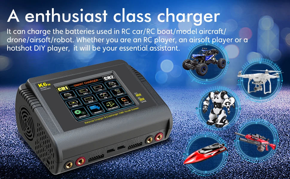 HTRC K6 Pro Lipo Charger Touch DC 400W AC 200W 12Ax2 RC Charger Discharger For LiPo LiHV LiFe Lilon NiCd NiMh Pb Battery Balance