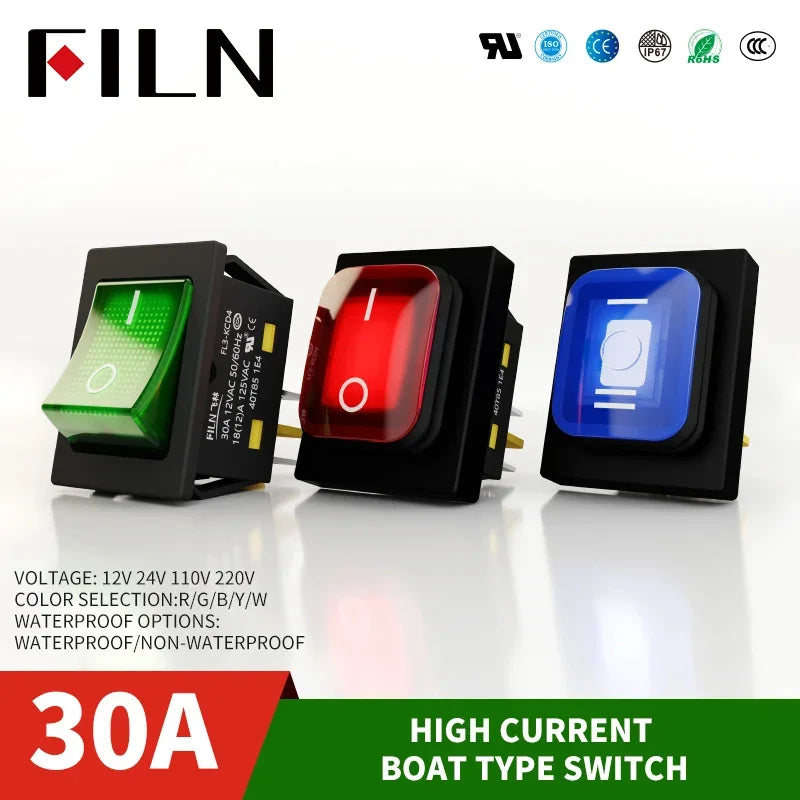 30A/250V Heavy Duty 4 Pin DPST IP67 Sealed Waterproof T85 Auto Boat Marine Toggle Rocker Switch with LED 12V 220V 30x22