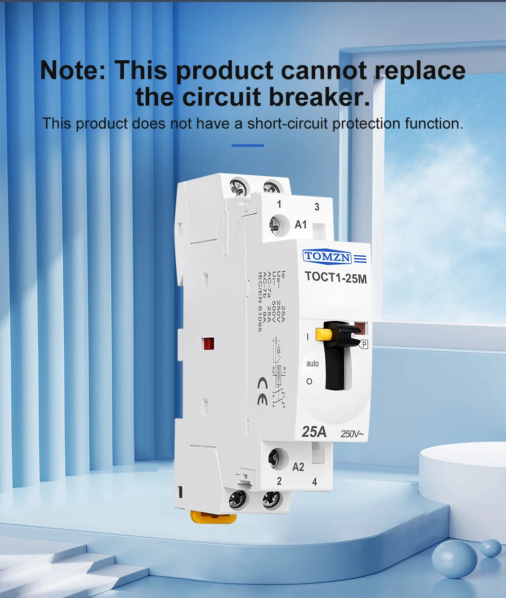 TOMZN TOCT1 2P 25A 220V/230V 50/60Hz Din Rail Household AC Modular Contactor With Manual Control Switch 2NO or 1NO 1NC or 2NC