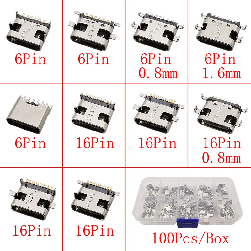 1Box USB Type C Female Charging Port 2/6/16 Pin Connector Type-C Socket SMD PCB Soldering DIY Repair USB-C Type C Jack Adapter