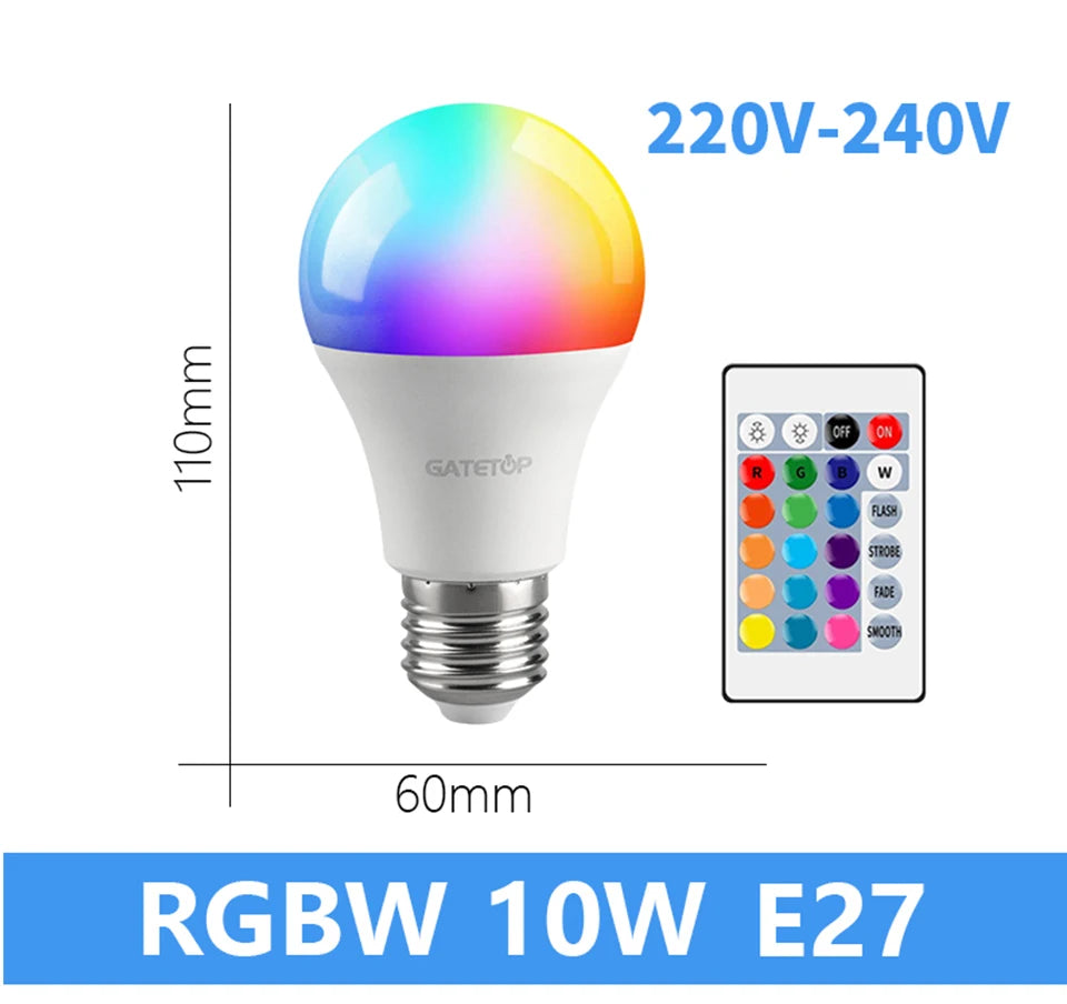 1-10PCS LED Intelligent RGBW Bulb GU10 E27 E14 24 Key Infrared Remote Control AC110V 230V 6W 10W Color Plus White Light Dimming