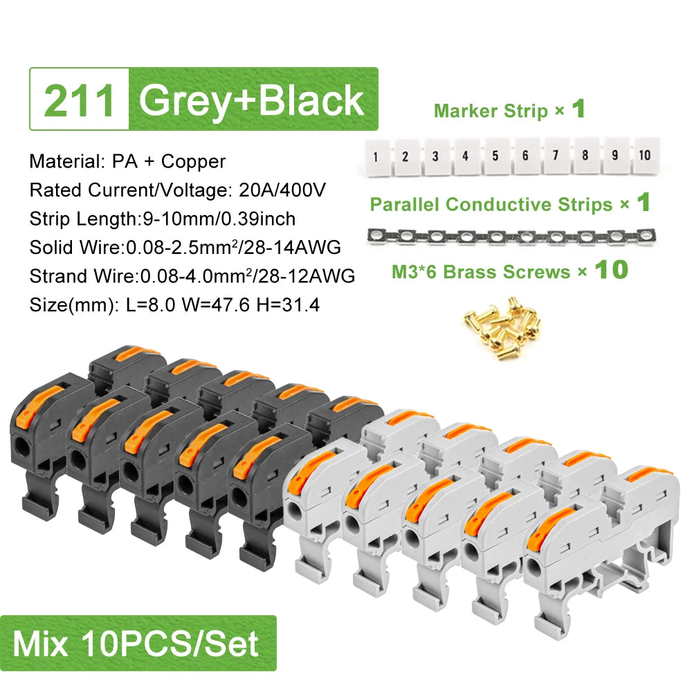 Din Rail Type Various Terminal Block Kit 211 Wire Electrical Conductor Universal Fast Cable Connector With Number Strip Set