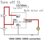 Normally ON FN YS020 30A 10 minutes delay off after switch turn off 12V Time Delay Relay SPDT 600 second delay release off relay
