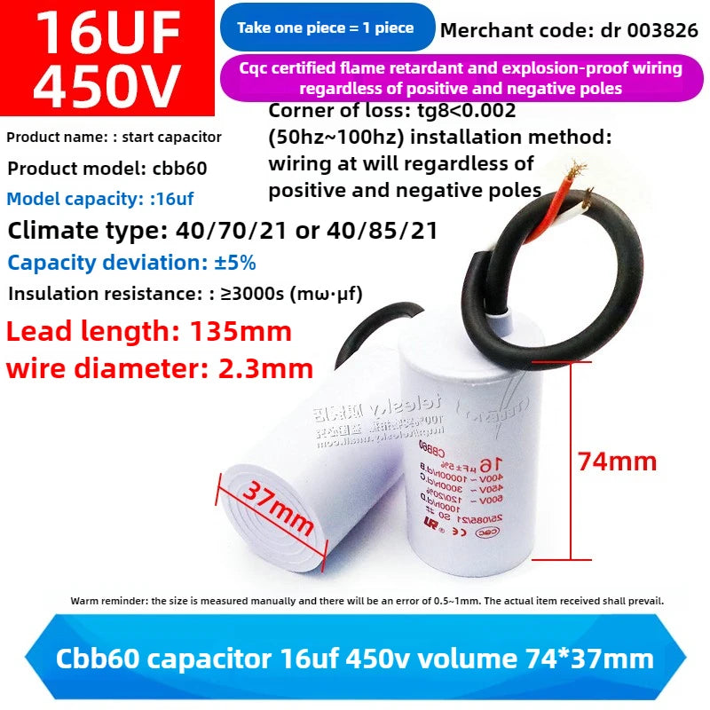 CBB60 Capacitor 450V AC Motor Run Capacitors 3/4/5/6/8/10/12/14/15/16/18/20/30/35/40/50/60/70UF for Washing Machine, Water Pump